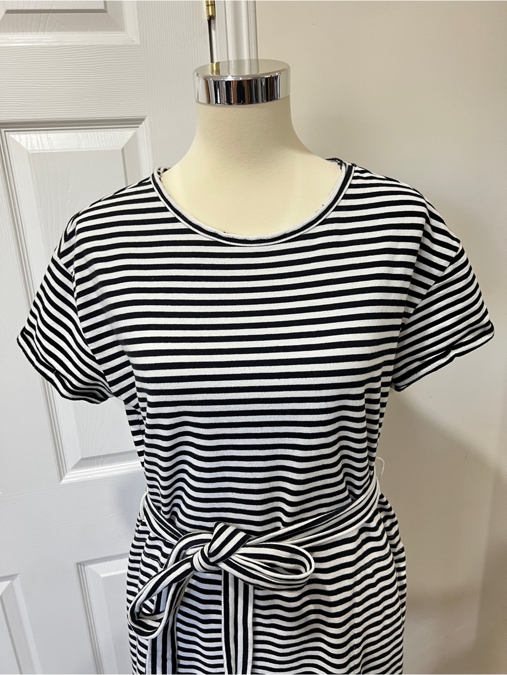Lucky Brand Striped Shirt Dress Tie Waist Size Small Petite Loose Fit White/Blac - Picture 5 of 12